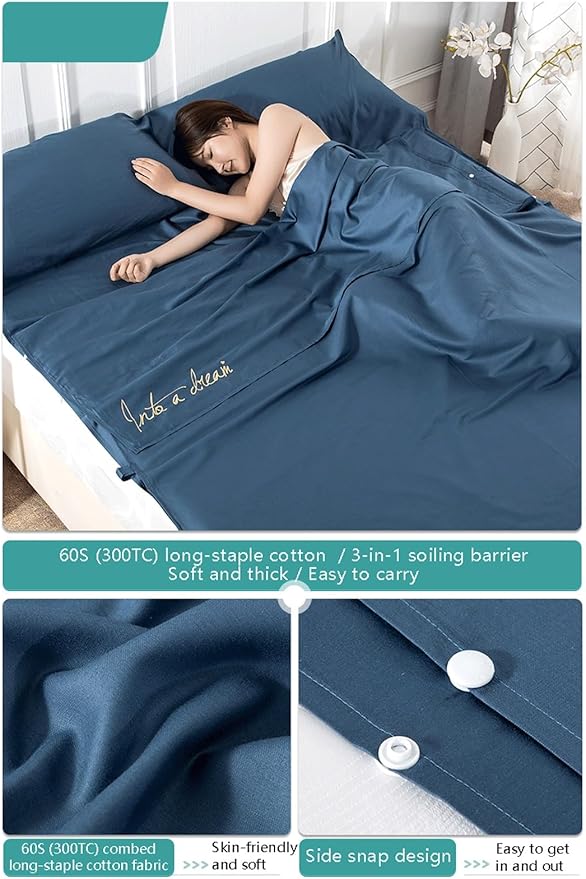 RUZGAR Sleeping Bag Liner Large Small Sized Travel Sheet 300 Thread Count Long Staple Cotton Ultra Lightweight Sleep Liner Single Double Travel Bed Sheet (Color : Blue A Size : 160x210cm-63x82)