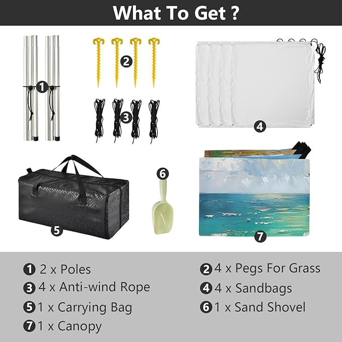Boat on The Shore Beach Tent Sun Shelter 9.2' x 10.5' Beach Canopy with 4 Sandbags 4 Stability Poles Sand Shovels - Tent Canopy for Beach Camping Fishing Picnics