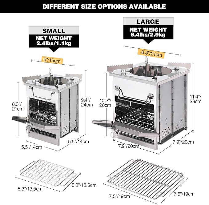 REDCAMP Wood Burning Folding Camp Stove Stainless Steel Grill and Pot Stand Portable Collapsible Backpacking Stove Survival Rocket Stove for Hiking Outdoor Tent Camping Picnic Largel with Pot Stand