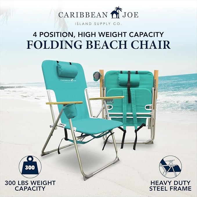 CARIBBEAN JOE Folding Beach Chair 4 Position Portable Backpack Foldable Camping Chair with Headrest Cup Holder and Wooden Armrests