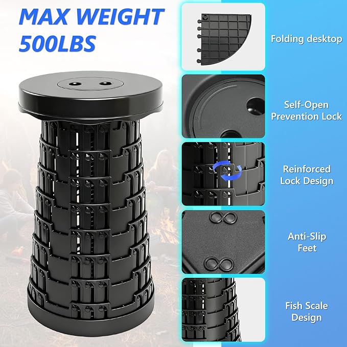 Upgraded Collapsible Stool with Table Top Portable Telescopic Seat Folding Stool for Camping Gardening Fishing Hiking BBQ Tabletop Diameter 19.7 inches