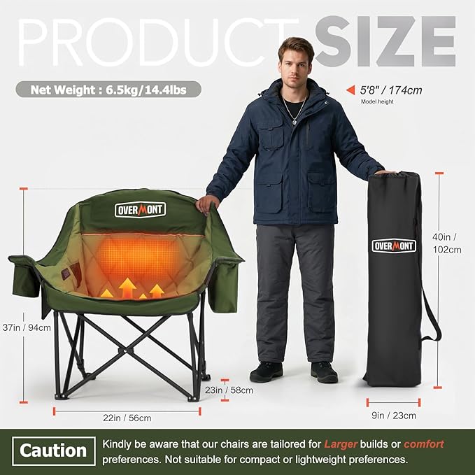 Overmont Gentle Heated Oversized Camping Chair for Adults - 3 Levels Seat &amp Back Separately Control - 400lbs Support Heavy Duty Padded Folding Chair Outdoor Garden Portable - Battery NOT Included
