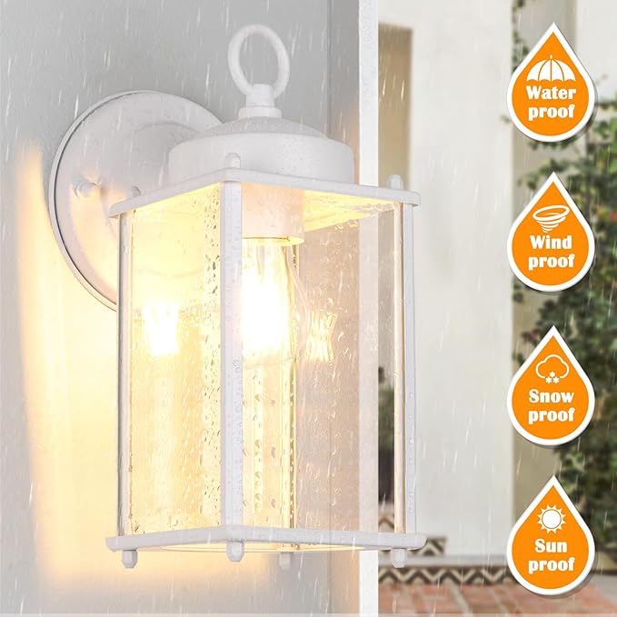 Large Outdoor Wall Lantern Exterior Waterproof Wall Sconce Light Fixtures White Front Door Lighting with Clear Beveled Glass Anti-Rust E26 Socket Porch Lamp 2 Pack