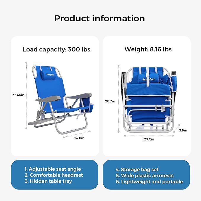 SUNNYFEEL Portable Beach Chair Lightweight Beach Chair for Adults Folding Camping Chair with Side Table &amp Organizer Bag 3 Position Adjustable Support 300lbs Heavy Duty Low Back Blue 2 Pack