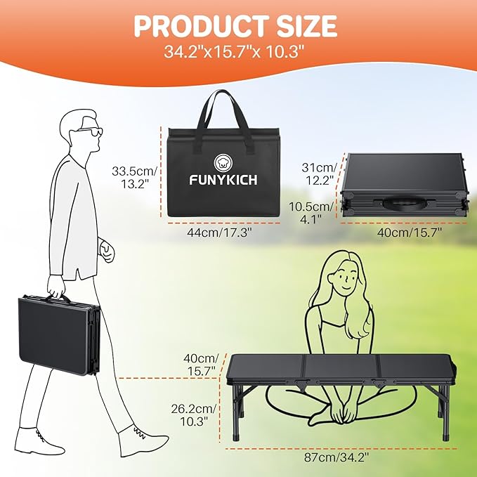 FUNYKICH 3ft Low Folding Camping Table with Carry Bag 34.2'' Lx15.7'' W Portable Picnic Tables Lightweight Thicker Aluminum Beach Table with Carry Handle for Beach Camping Picnic Black