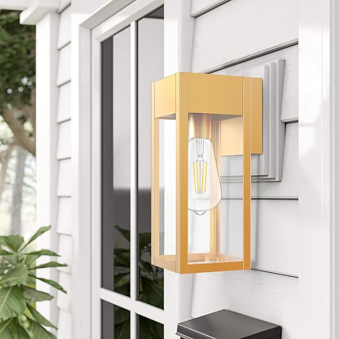 2 Pack Porch Lights Outdoor Wall Sconce Outdoor Light with GFCI Outlet Waterproof Exterior Wall Lantern Light Fixtures Anti-Rust Wall Lamp with Clear Glass for Patio Doorway Garage- Gold