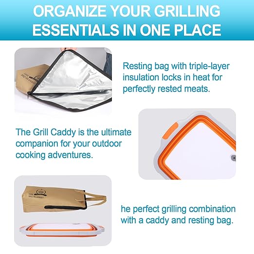 Collapsible Large BBQ Prep Tub &amp BBQ Resting Bag Foldable Cutting Board with Lid BPA Free Silicone Dish Bowl Leak Free Drain Hole for Meal Prep Marinating Food Storage(Orange)