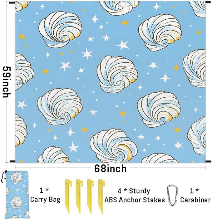 Waterproof Sandproof Beach Blanket 59''×68'' White Shells Polyester Outdoor Picnic Blanket with 4 Stakes &amp Storage Bag for BeachCampingVacation Blue