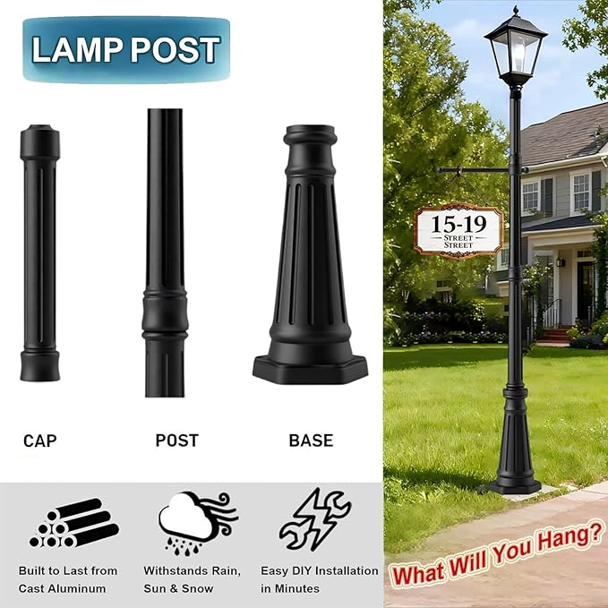 Universal Outdoor Post Light Pole with Hanging Arm Black Cast Aluminum Pole with 2.36 Fitter Mount 76in Tall Traditional Street Light Lamp Post for Pathway Driveway Parking Yard Lighting