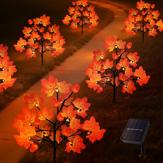 Fall Decorations Outdoor 4-Pack 80LED Maple Leaf Acorn Yard Stake Lights Waterproof Solar Fall Lights Thansgiving Decorations Outdoor for Yard Garden Pathway Harvest Holiday Fall Decor