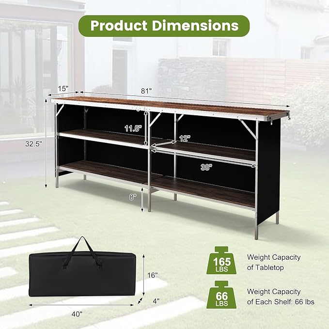 GOFLAME Folding Camping Table Aluminum Portable Picnic Table w/ 2-Tier Open Shelves &amp Spacious Tabletop Carrying Bag Included Outdoor Large Kitchen Table for Picnic BBQ Party Backyard Coffe