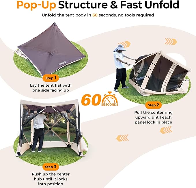 Tecoom 6x6ft Pop Up Gazebo Tent 4-Sided Canopy Shelter Tent with Mesh Windows for Camping Portable Large Shade Tents with Siedwalls Carrying Bag and Stakes for Outdoor Garden Lawn and Backyard