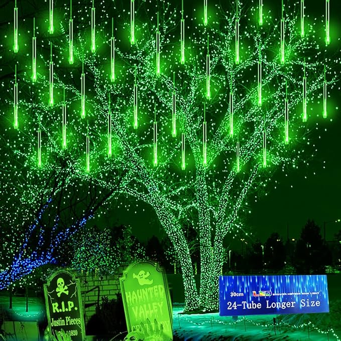 Kwaiffeo Green Christmas Lights 24 Tubes Meteor Shower Lights(Equivalent to 3 Sets of 8-Tube) for Halloween Christmas Decorations Outdoor Green Lights for Xmas St. Patrick's Day Party Tree UL Plug