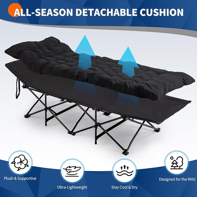 Outdoor Camping Cot for Sleeping Bed 330LBS Max Load Heavy-Duty Oxford Foliding Cots for Adults Portable with Mattress Carry Bag for Guest Travel Hiking (Black)