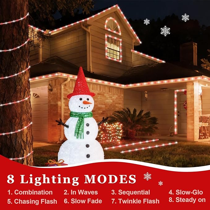 QITONG Red and White Solar Rope Lights 2 Pack Each 33ft 100 LED Christmas String Light 8 Modes Fairy Lights in Clear Thin Tube