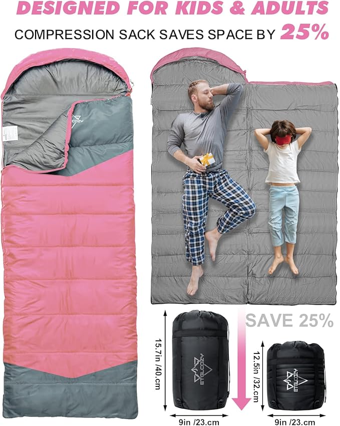 Lightweight 3-Season Sleeping Bag for Adults/Kids Camping Compact w/Compression Sack Waterproof Ripstop Portable for Backpacking Hiking Travel