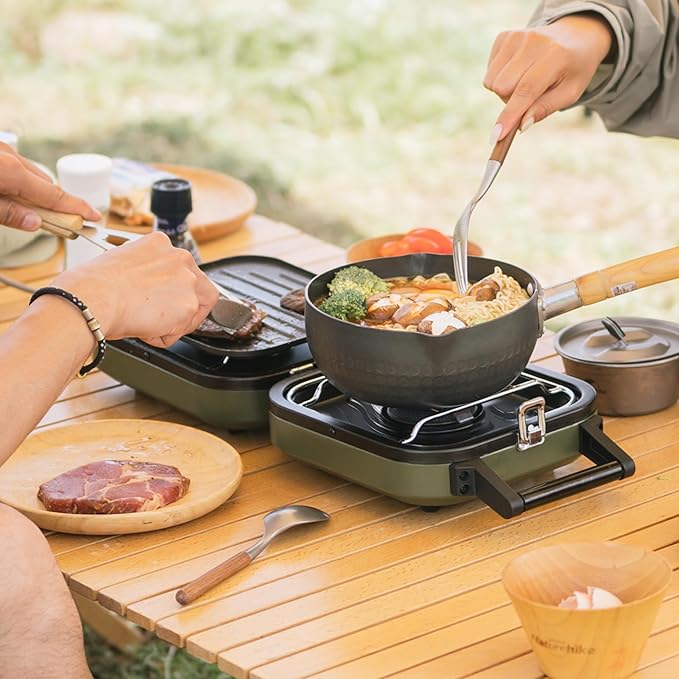 Naturehike 2 Burner Folding Camping Stove with Griddle Portable Camp Isobutane Gas Stove with 16000 BTU Adjustable Burners &amp Piezo Ignition