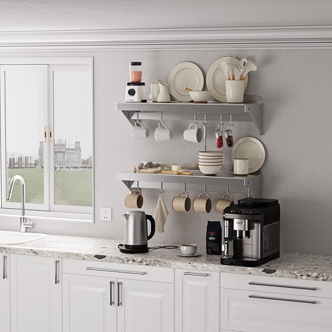 2 pack Metal Multifunctional Storage Rack with Backplash for Kitchen [NSF Certified] 12 x 36 Stainless Steel Wall Mount Shelf with 6 Hooks for Hanging Pots Panscookware in Home and
