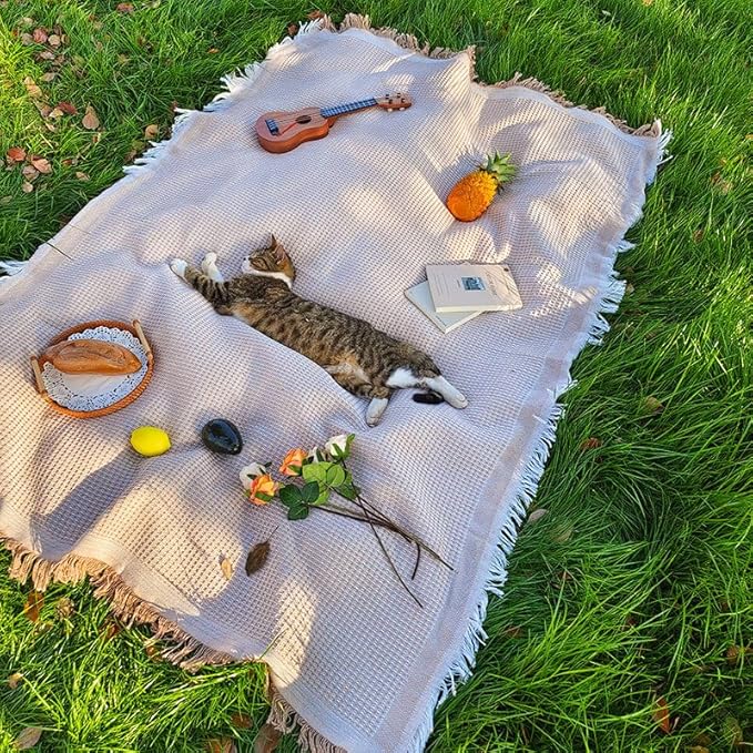 70x 70 Picnic Blanket Extra LargeLayer Outdoor Blanket for 5 to 7 AdultsCamping Grass Lawn Park Accessories Cute Couple Gifts Ideas Wedding Registry for Camping Park Beach (Khaki)