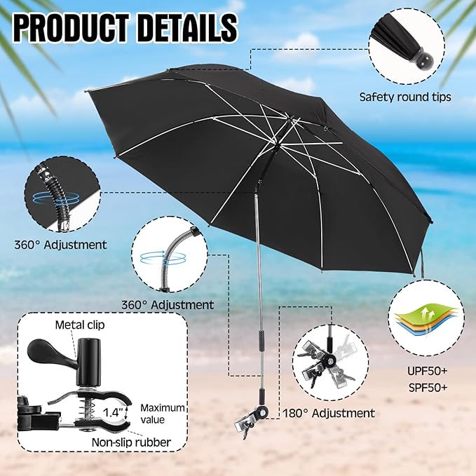 Talltalk 2 Pcs Beach Umbrella with Universal Clamp Adjustable Beach Shade UV Protection Chair Portable Outdoor Umbrella for Camping Patio Chairs Golf Carts