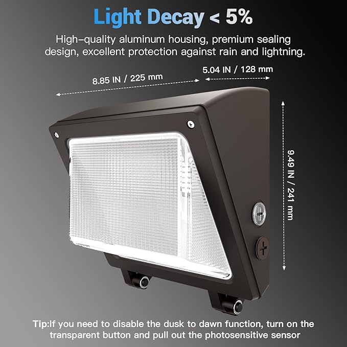 JTT LED Wall Pack Lights Outdoor with Dusk to Dawn Photocell Selectable 75W/60W/45W 9750LM/7800LM/5850LM 6000K/5000K/4000KWaterproof Flood Security Wall Pack Lighting for Garage Yard Parking Lot