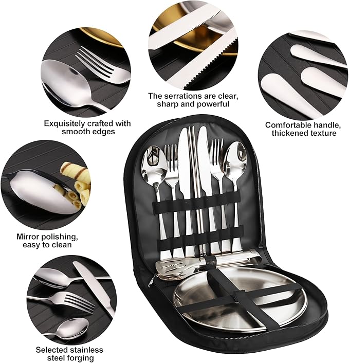 Camping Cutlery Set 12-Piece Stainless Steel with Plates and Case Portable Outdoor Dining Kit Silver
