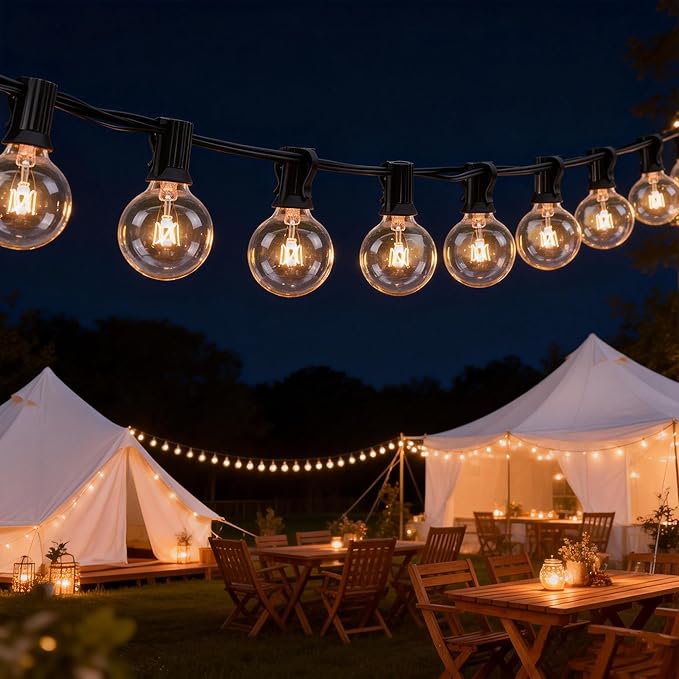 Abeja 25Ft Outdoor Patio String Lights G40 Outdoor Globe String Lights with 27 Clear Bulbs Hanging Light for Porch Backyard Deck Bars Wedding Indoor Decor E12 Base 5W Black Wire