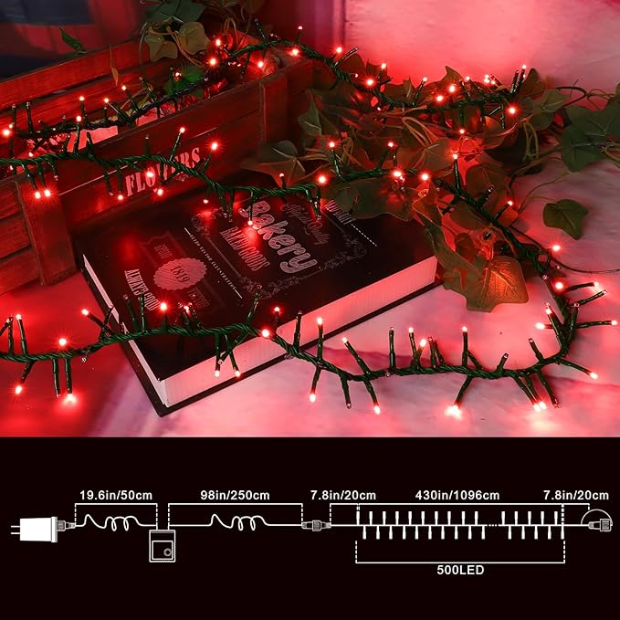 LAMPHOME 500 LED String Lights Outdoor 11 Modes Plug in Twinkle Fairy Lights for Bedroom 46ft 500LED Christmas Lights Cluster Lights Outdoor Waterproof Green-Red