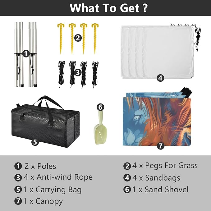 Highland Cow Beach Tent Sun Shelter 9.2' x 10.5' Beach Canopy with 4 Sandbags 4 Stability Poles Sand Shovels - Tent Canopy for Beach Camping Fishing Picnics