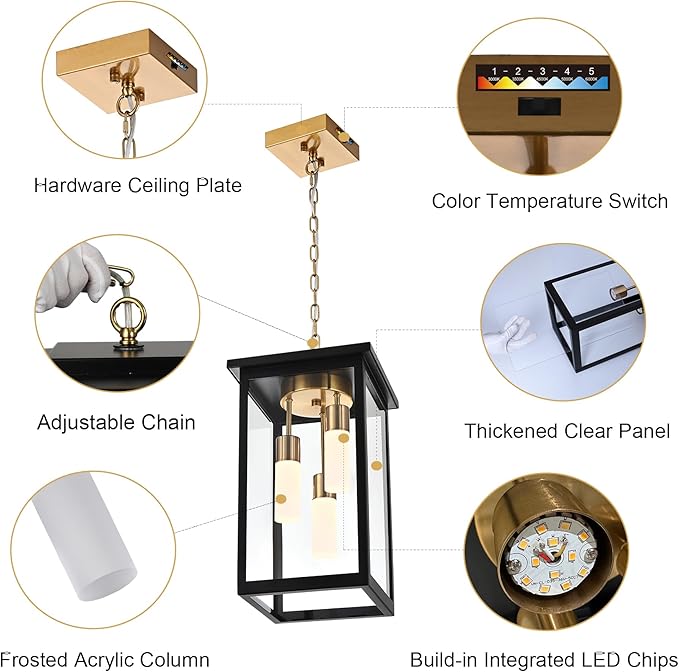 TODOLUZ 3-Light Large Outdoor Pendant Light with Frosted Coloum 5CCT Dimmable Exterior Chandelier Hanging Porch Lighting (3000K/3500K/4500K/5000K/6000K)