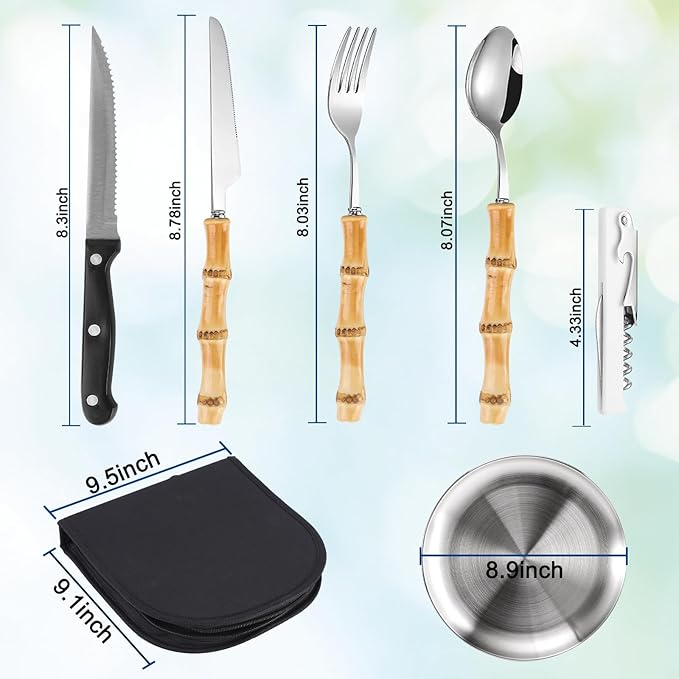 Outdoor Camping Silverware 10Pcs Set Stainless Steel Outdoor Camping Mess Kits Includes Forks Spoons Knives Fork Spoon Dish and Cap Opener Plates - Portable Cutlery Bag