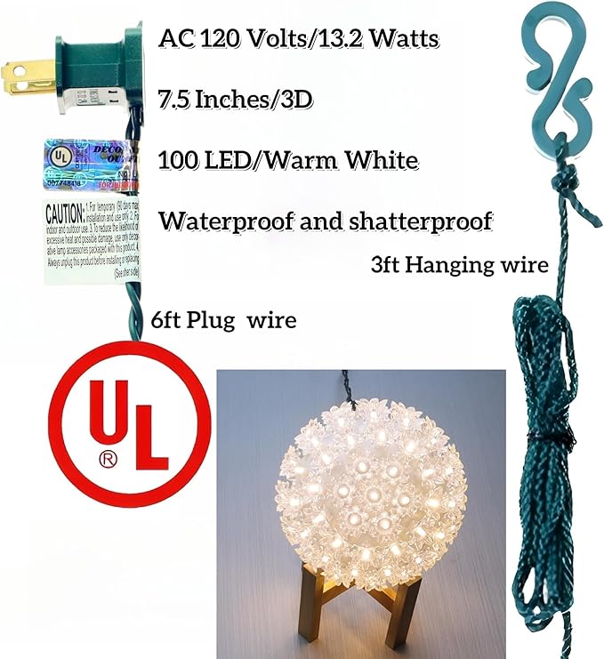 Warm White Starlight Sphere Lights 7.5 Inches UL Certified and Commercial Grade LED Hanging Sphere Light for Indoor and Outdoor Christmas Patio Garden.