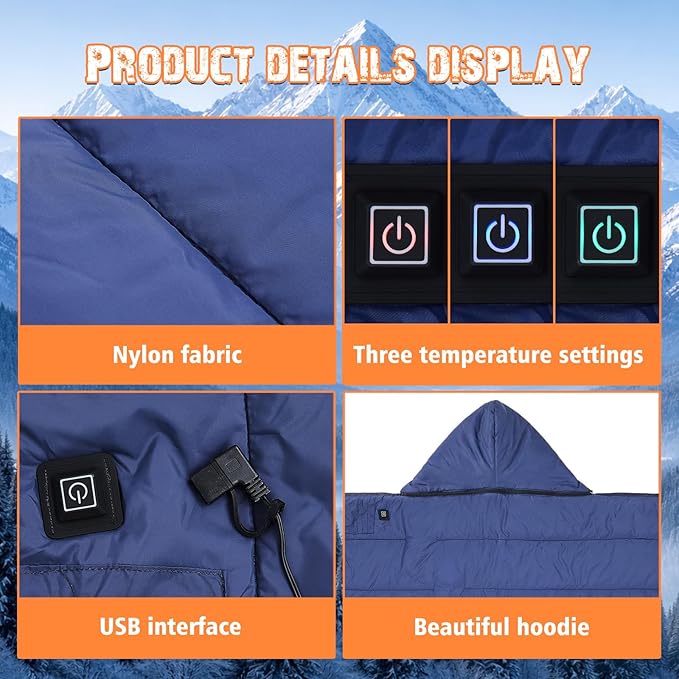 Preboun 2 Pack Wearable Heated Camping Poncho Blanket with Hood and 3 Heating USB Powered Portable Sleeping Bag Waterproof Windproof Thermal Outdoor Blanket for Stadium Fishing Sports Games Hunting