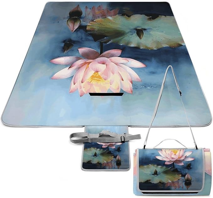 Lotus Flower Painting Beach BlanketPortable Waterproof Picnic Blanket58.3''x 58.3'' Extra Large Picnic Mat for BeachCamping Grass Lawn Park Accessorie for Festival BBQ