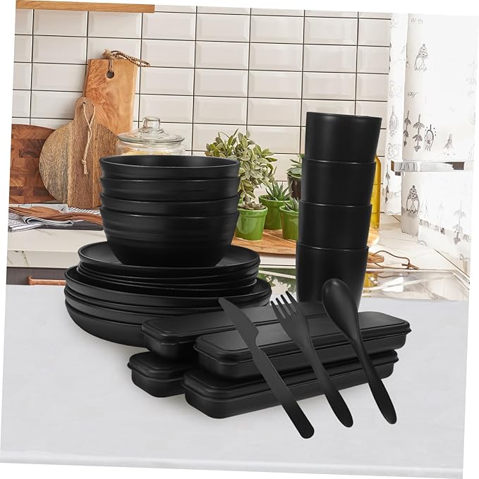 KICHOUSE 4sets Portable Camping Picnic Utensil Bowl Black Dinnerware Cutlery Case Rv Dishes Easy to Clean