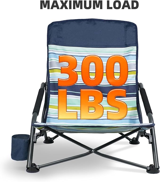 Portable Folding Beach Chair for Adults - Lightweight Low Back Sling Chair with Storage Pocket 300lbs Capacity Camping Chair for Outdoor Lawn Concert Travel (Orange-Colour Striped)