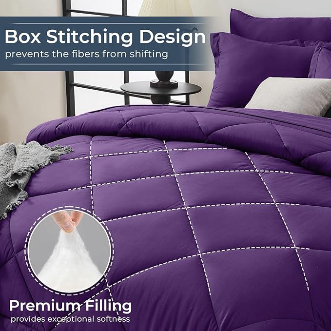 HEVUMYI Purple King Comforter Set - 7-Piece All Season Bed in a Bag King Ultra Soft Bedding Set with Comforter Flat Sheet Fitted Sheet Pillowcases Pillow Shams