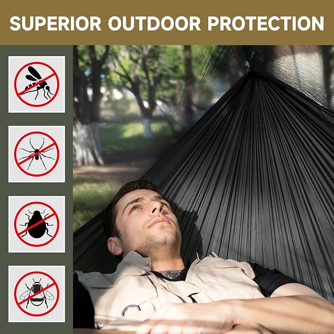 Camping Hammock with Mosquito Net and Ridge Rope Extra Large for 2 Person Lightweight Hanging Hammocks Tree Straps All-in-one Fast Open Hammock for Outside Hiking and Travel