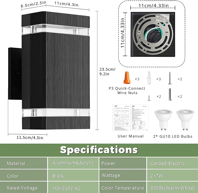 Square Dusk to Dawn Outdoor Lighting Up and Down LED Porch Lights Aluminum Outdoor Wall Lights with 2 * 7W Bulbs 3000K Waterproof Exterior Lighting Fixtures for House Porch Garage Patio Black
