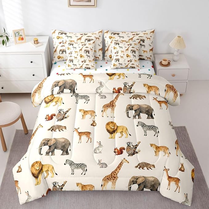 Zoo Animal Comforter Set with SheetsPillowcases &amp Cushion Cover Cute Giraffe 7 Piece Bedding Set for Kids Boys Girls Teens Room Decor Cartoon Animal Bed in a Bag Full Size Wildlife Microfiber