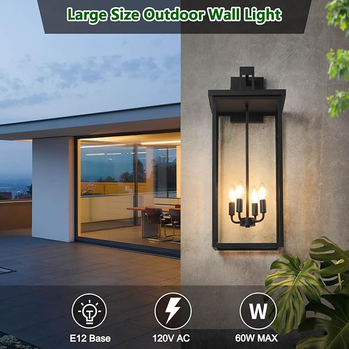 tewei 26IN Large Size Outdoor Wall Lantern Exterior Waterproof Wall Sconce Matte Black Outdoor Lights for House Modern Porch Light with Clear Glass Shade E12 Base Wall Light for Garage(1 Pack)