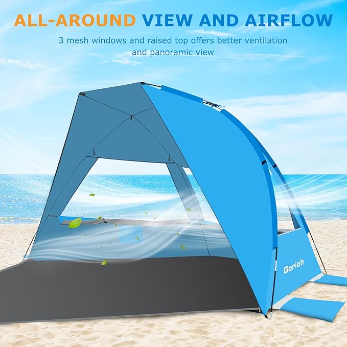 Gorich Portable Beach Tent for 3/4-5/6-7 Person with UPF 50+ UV Protection Lightweight &amp Foldable Sun Shelter with 5 Sand Bags Easy Setup Windproof Beach Umbrella Sun Shade