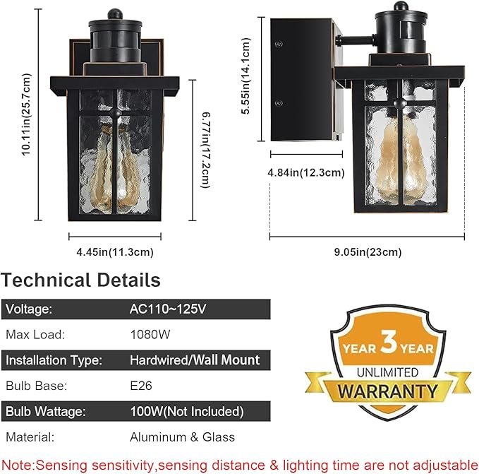 Porch Lights with GFCI OutletDusk to Dawn Motion Sensor Outdoor Lights3 Lighting Modes Black Front Door LightWaterproof Exterior Light FixtureOutside Wall Lamp for House Patio Garage