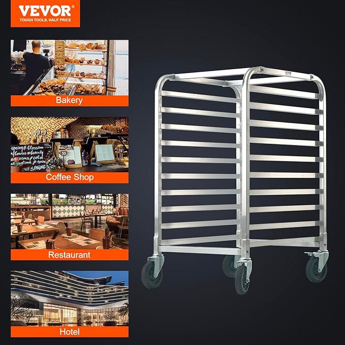 VEVOR 10-Tier Bun Pan Rack Aluminum Racking Trolley Storage with Brake Wheels Commercial Bakery Racks for Half &amp Full Sheet Speed Rack For Kitchen Home Bread Baking Equipment 26L x 20.3W x