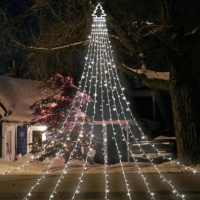 PUHONG Christmas Decoration Outdoor Christmas Tree Lights 320 LED 16.4Ft Outdoor Fairy Topper Lights[8 Modes &amp Waterproof] with 11 Lighted Xmas Tree for Halloween Xmas New Year Holiday(White)