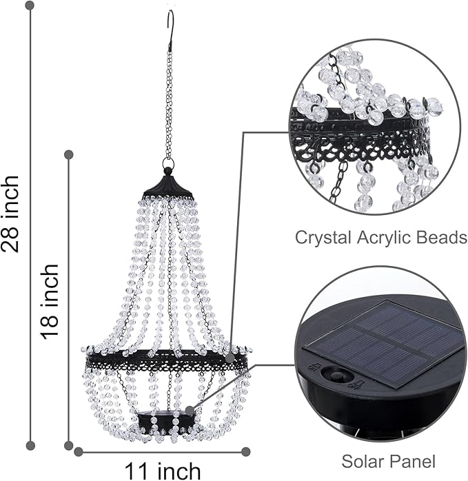 Hanging Solar Lantern Outdoor 28” Modern Clear Crystal Acrylic Chandelier with 30 Warm White Lights S Hook for Garden Yard Patio Gazebo Decorations
