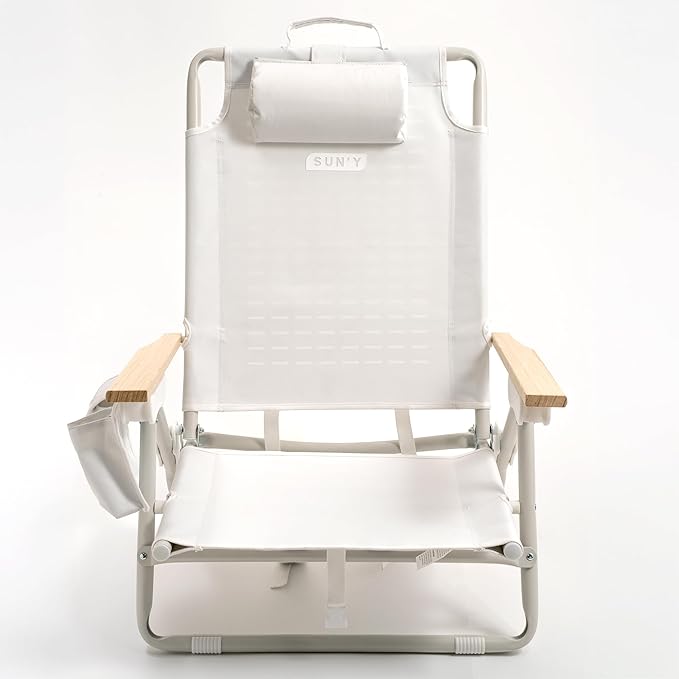 SUN'Y Escapes Backpack Beach Chair - Made w/Ocean Bound Plastics Customizable w/MOLLE Accessories Ultra Lightweight Low-Seat Natural Comfort Durable Rust Free &amp Waterproof - Seashell White