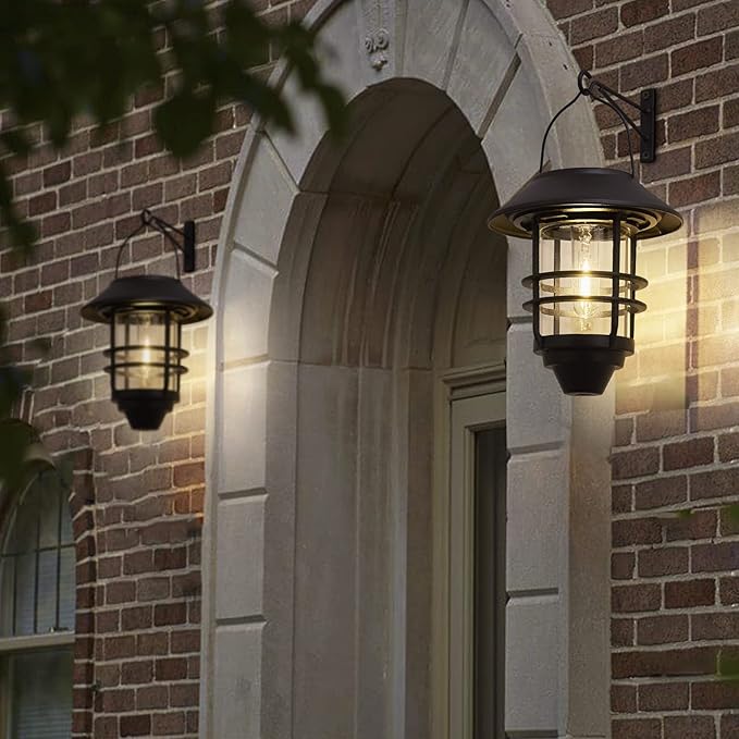 2 Pack Solar Lanterns Outdoor Hanging Waterproof Solar Wall Lights Glass Metal with Wall Mount BracketAuto Dusk to Dawn Garden Lantern Warm White for Outdoor Front Porch Garden