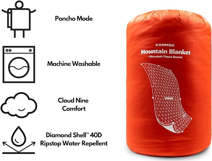 KAMMOK Mountain Blanket - Ultra-Plush Fleece Water Resistant Portable Durable Indoor/Outdoor Camp Blanket (84 in × 50 in) - Ember Orange