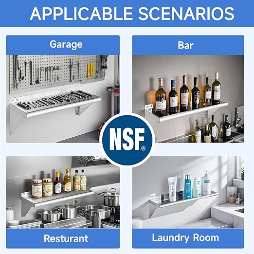 ROCKPOINT Stainless Steel Shelf 10 x 24 Inches 210lb 2 Pack NSF Metal Commercial Shelves Wall Mount Floating Shelving with Backsplash for Restaurant Kitchen Home and Hotel Silver